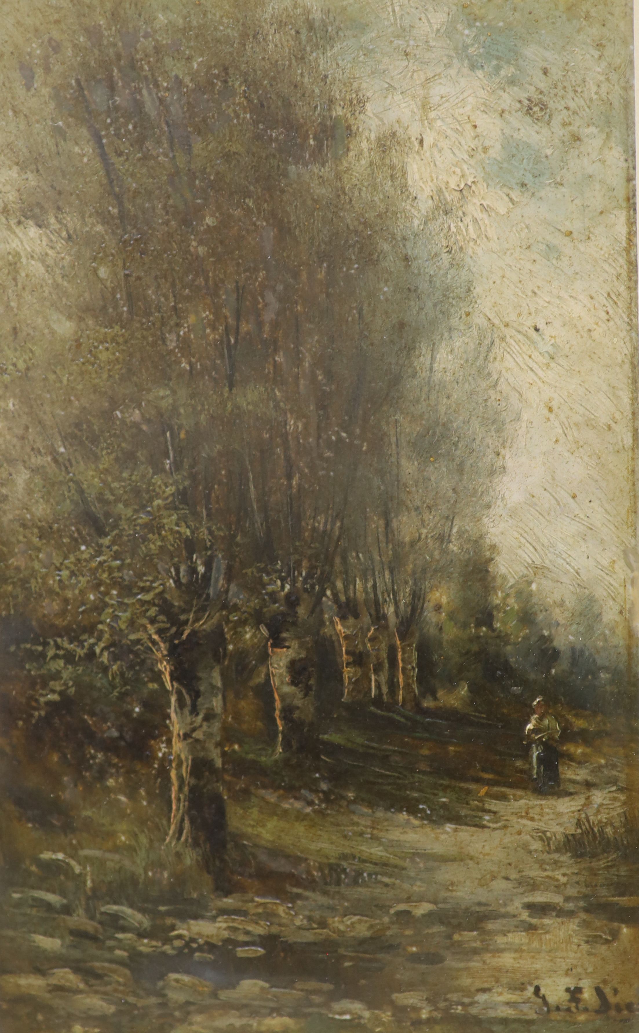 G.F. Diez, oil on board, Figure on a tree lined lane, signed, 23 x 15cm
